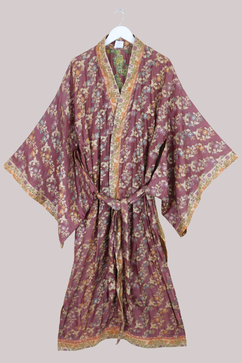 Lotus Embroidered Pure Silk Robe - Deep Mauve Hibiscus - Free Size