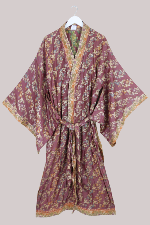 Lotus Embroidered Pure Silk Robe - Deep Mauve Hibiscus - Free Size