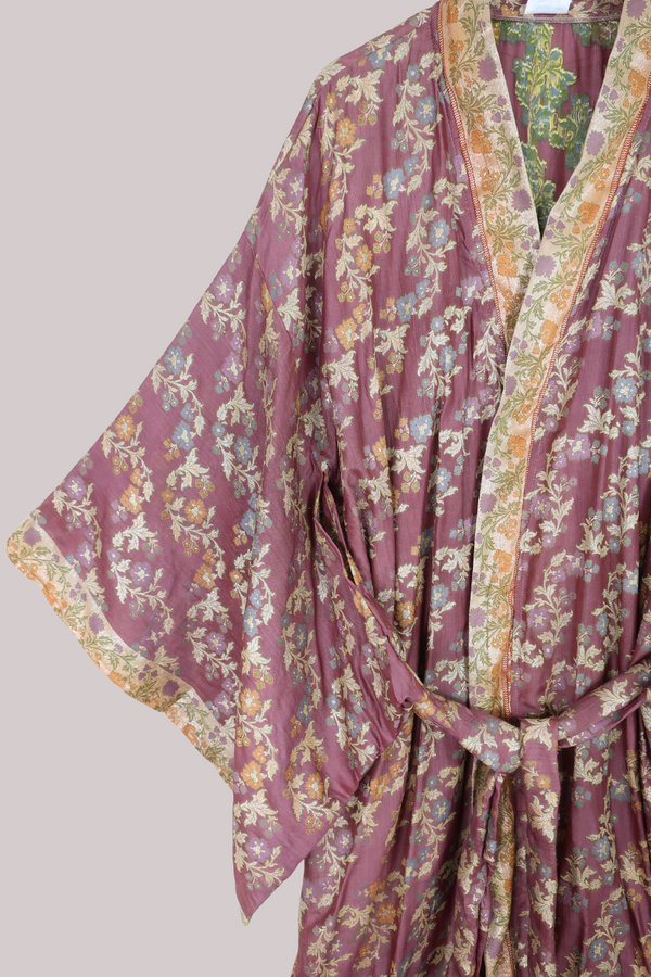 Lotus Embroidered Pure Silk Robe - Deep Mauve Hibiscus - Free Size