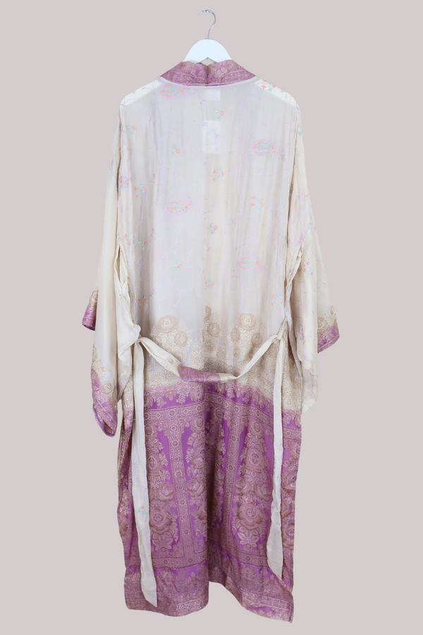 Lotus Embroidered Pure Silk Robe - Ivory & Lilac Florals - Free Size