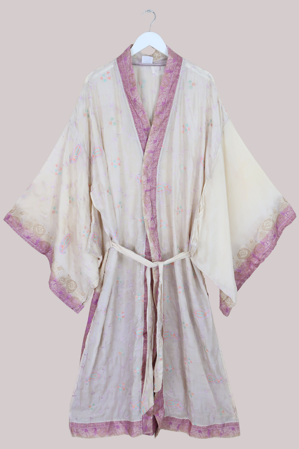 Lotus Embroidered Pure Silk Robe - Ivory & Lilac Florals - Free Size