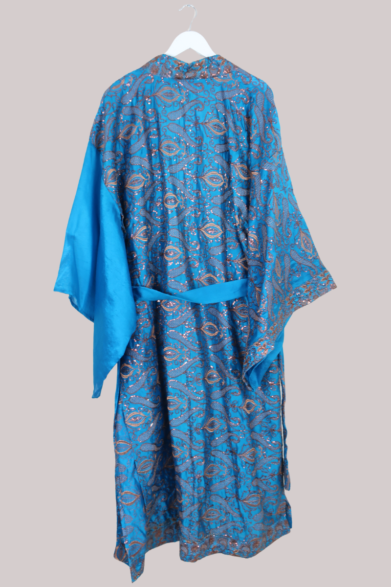 Lotus Embroidered Pure Silk Robe - Agate Blue & Copper - Free Size