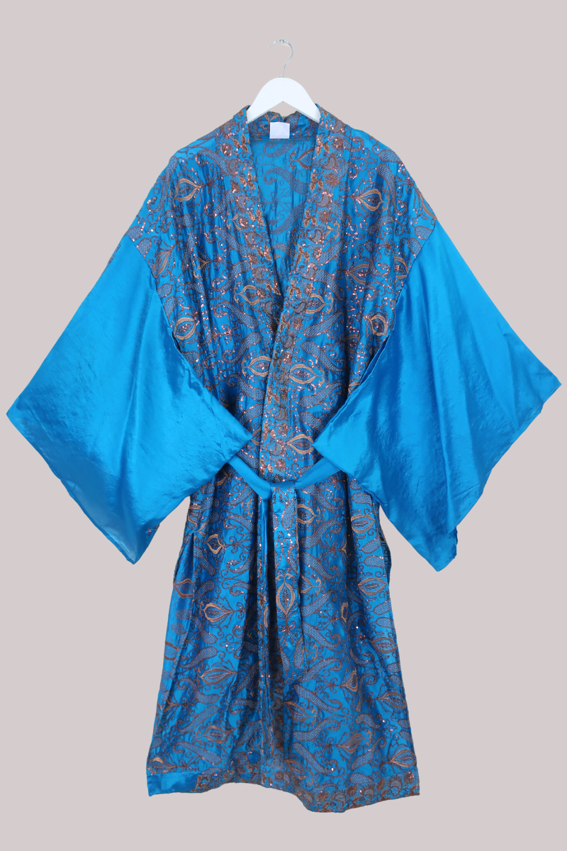 Lotus Embroidered Pure Silk Robe - Agate Blue & Copper - Free Size