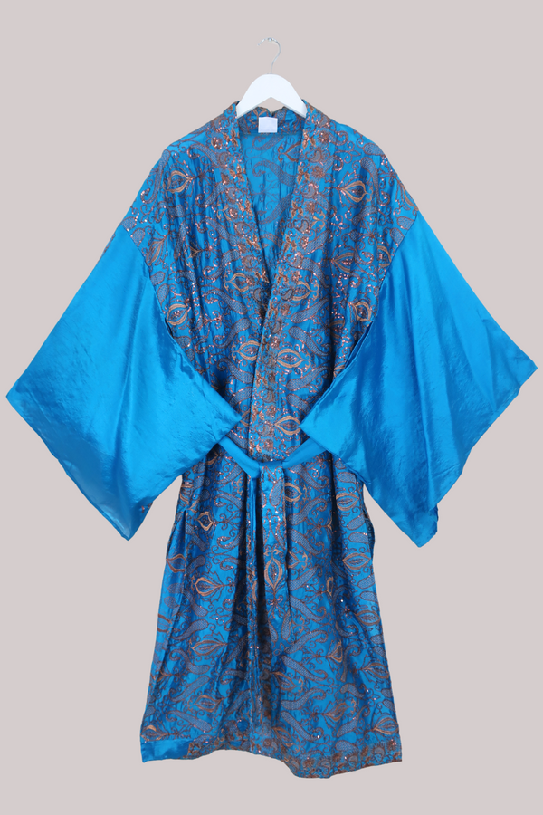 Lotus Embroidered Pure Silk Robe - Agate Blue & Copper - Free Size