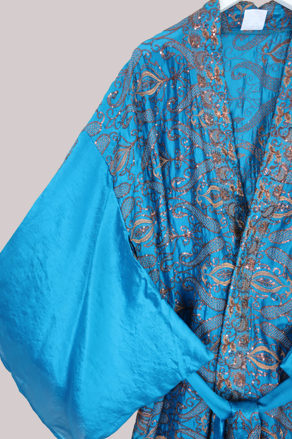 Lotus Embroidered Pure Silk Robe - Agate Blue & Copper - Free Size
