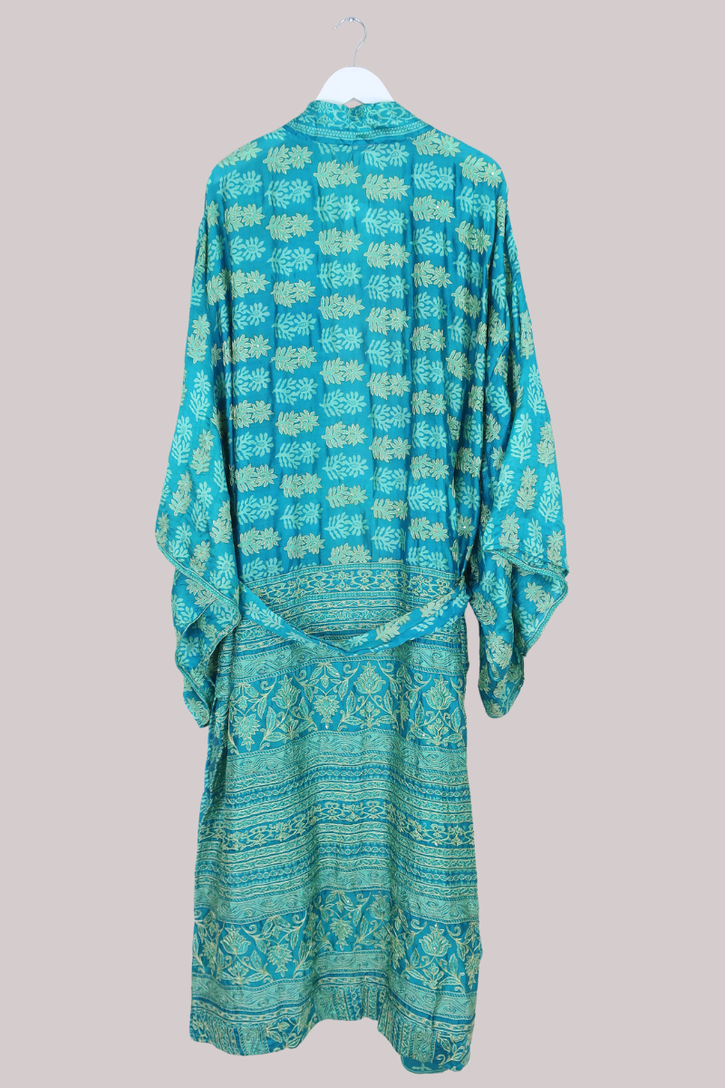 Lotus Embroidered Pure Silk Robe - Golden Teal Pool - Free Size