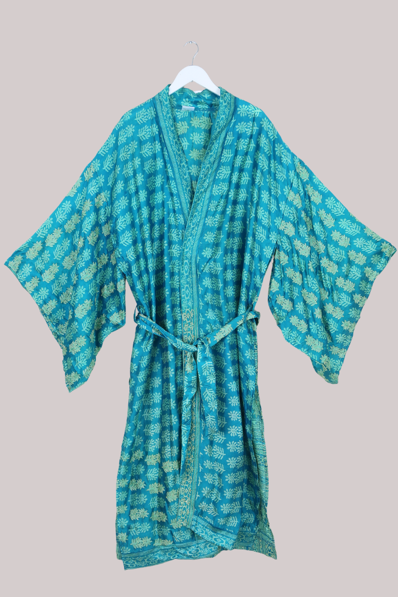 Lotus Embroidered Pure Silk Robe - Golden Teal Pool - Free Size