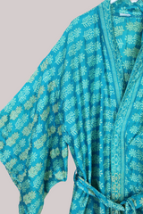 Lotus Embroidered Pure Silk Robe - Golden Teal Pool - Free Size