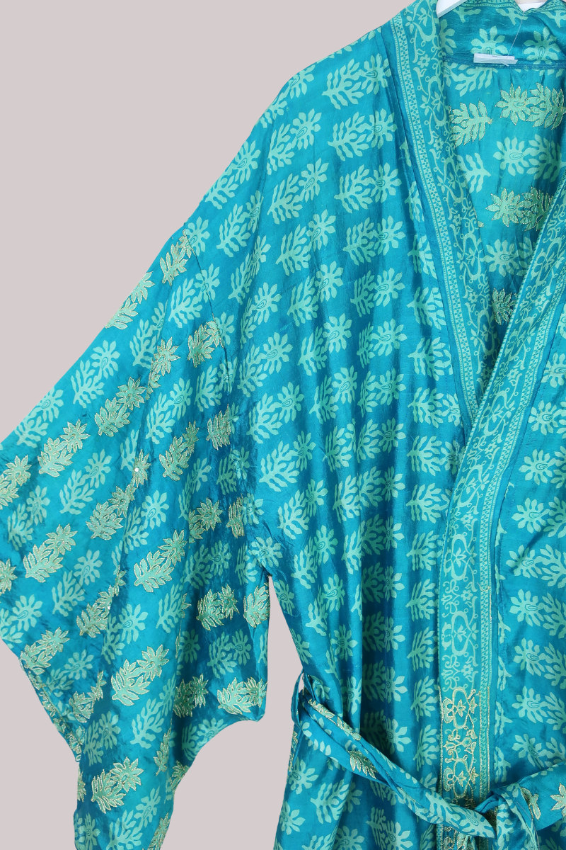Lotus Embroidered Pure Silk Robe - Golden Teal Pool - Free Size