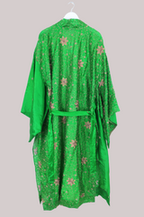 Lotus Embroidered Pure Silk Robe - Emerald Bronze Sequin - Free Size
