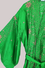 Lotus Embroidered Pure Silk Robe - Emerald Bronze Sequin - Free Size