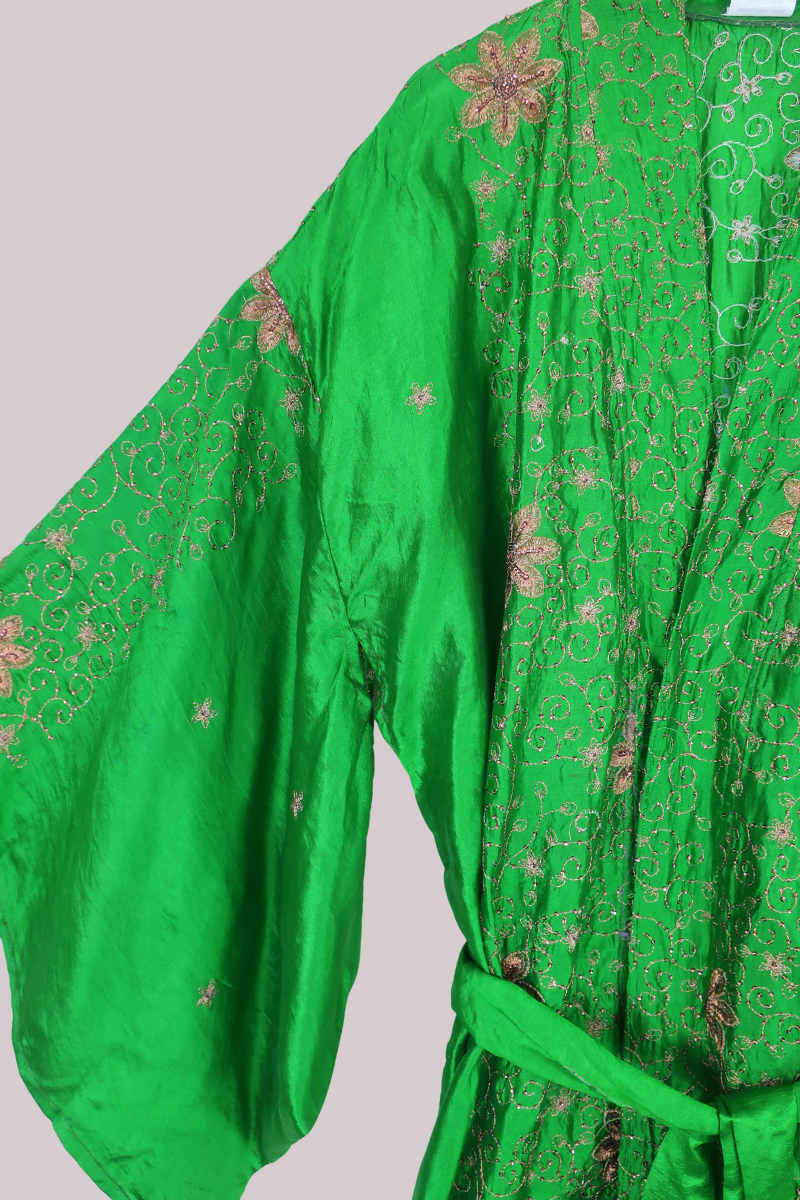 Lotus Embroidered Pure Silk Robe - Emerald Bronze Sequin - Free Size