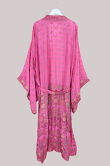 Lotus Embroidered Pure Silk Robe - Shimmering Pink Dahlia - Free Size