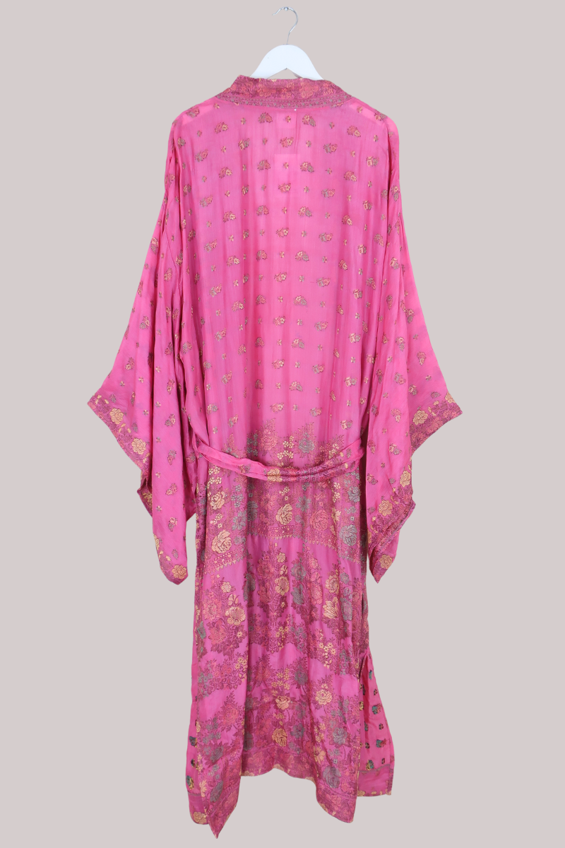 Lotus Embroidered Pure Silk Robe - Shimmering Pink Dahlia - Free Size