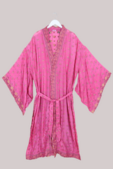 Lotus Embroidered Pure Silk Robe - Shimmering Pink Dahlia - Free Size