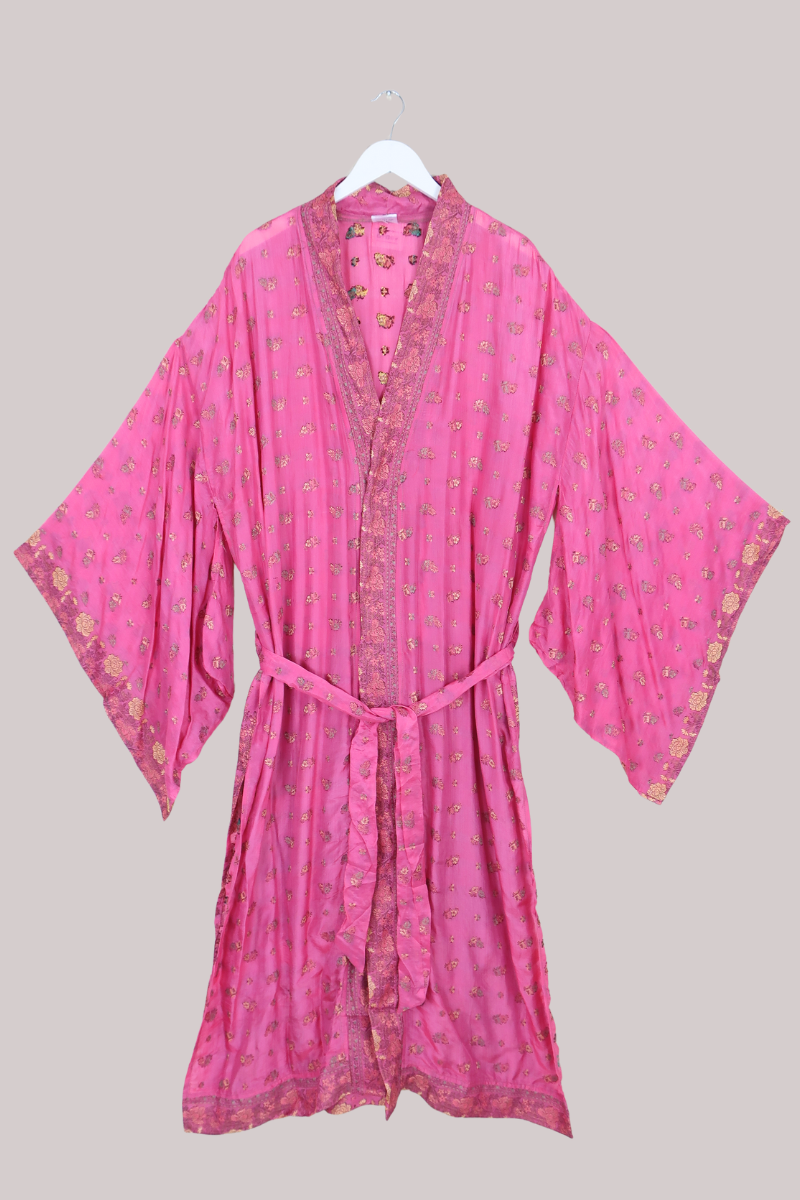 Lotus Embroidered Pure Silk Robe - Shimmering Pink Dahlia - Free Size