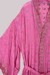 Lotus Embroidered Pure Silk Robe - Shimmering Pink Dahlia - Free Size