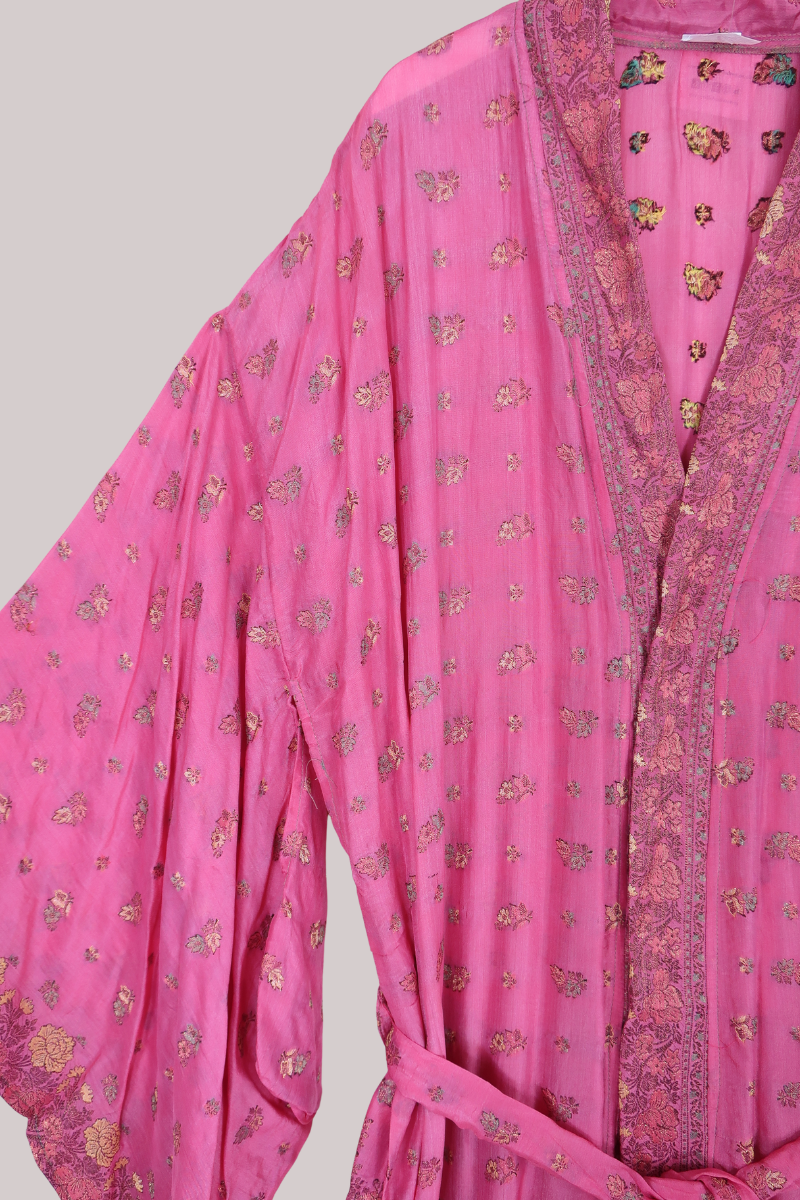 Lotus Embroidered Pure Silk Robe - Shimmering Pink Dahlia - Free Size