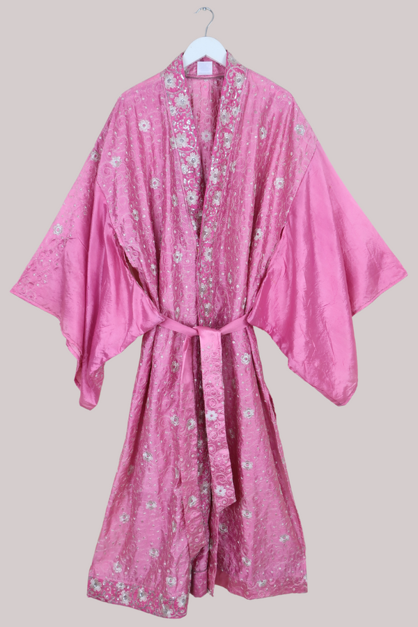 Lotus Embroidered Pure Silk Robe - Lilac & Frost Silver - Free Size
