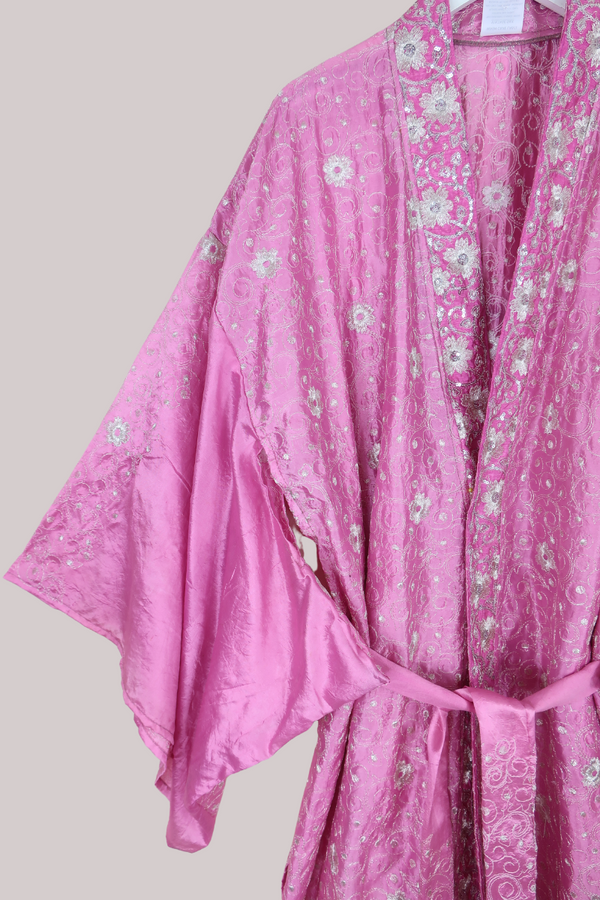Lotus Embroidered Pure Silk Robe - Lilac & Frost Silver - Free Size