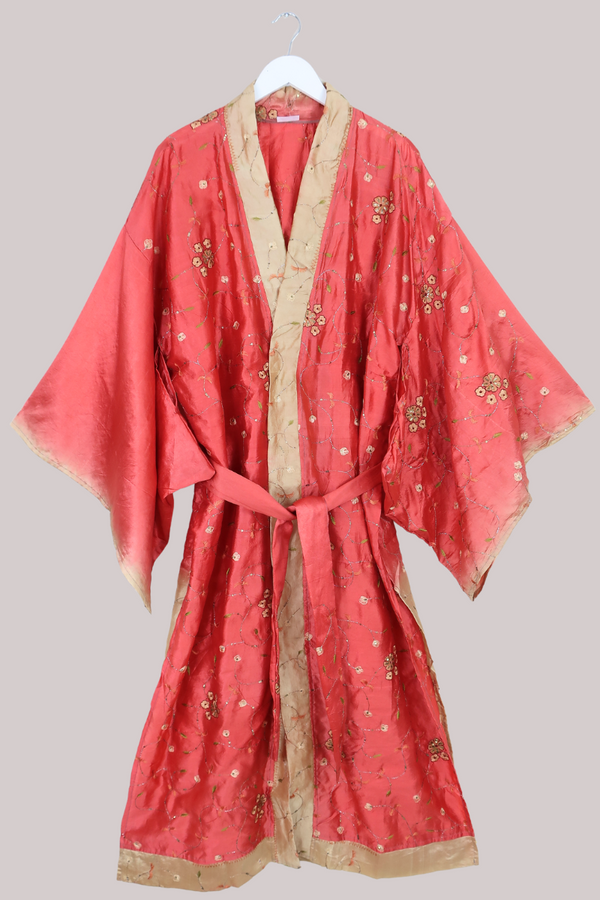 Lotus Embroidered Pure Silk Robe - Ruby Cherry Blossom - Free Size