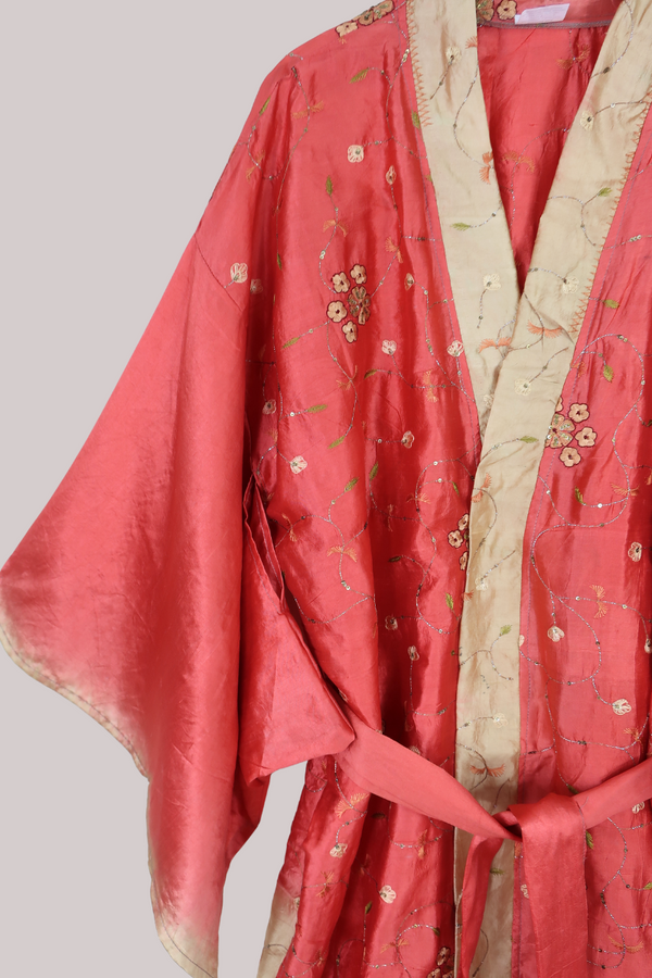 Lotus Embroidered Pure Silk Robe - Ruby Cherry Blossom - Free Size
