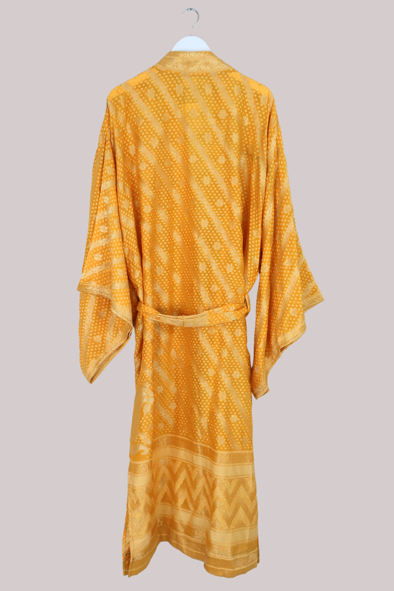 Lotus Embroidered Pure Silk Robe - Sunkissed Yellow Polka - Free Size