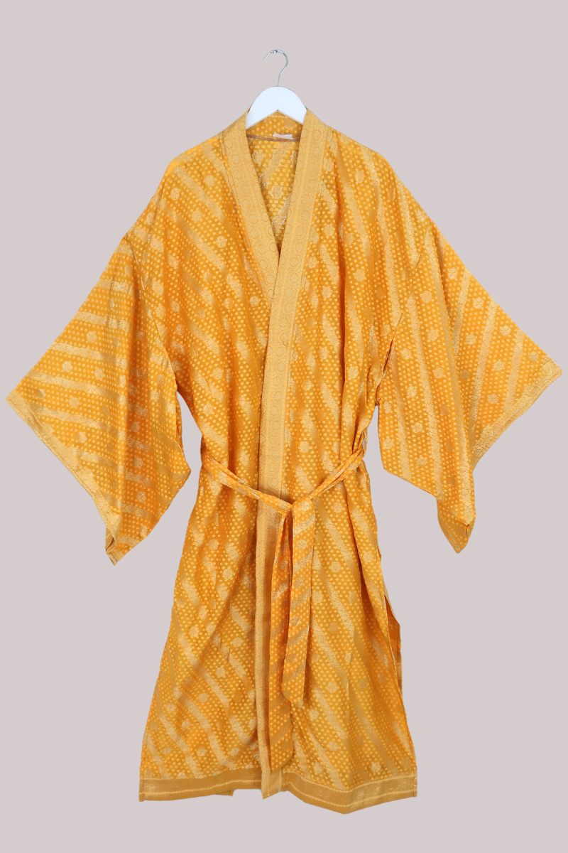 Lotus Embroidered Pure Silk Robe - Sunkissed Yellow Polka - Free Size