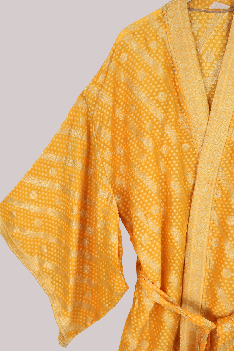 Lotus Embroidered Pure Silk Robe - Sunkissed Yellow Polka - Free Size
