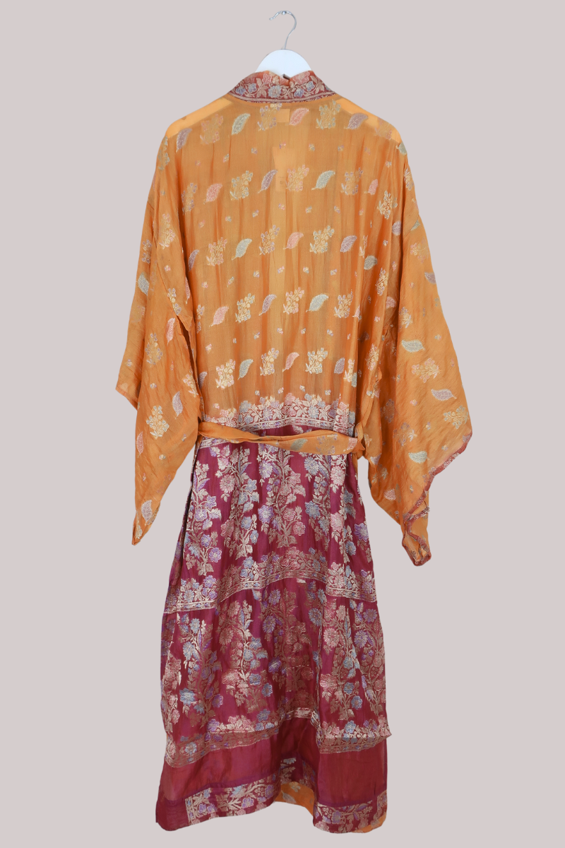 Lotus Embroidered Pure Silk Robe - Sunset Foliage Motif - Free Size