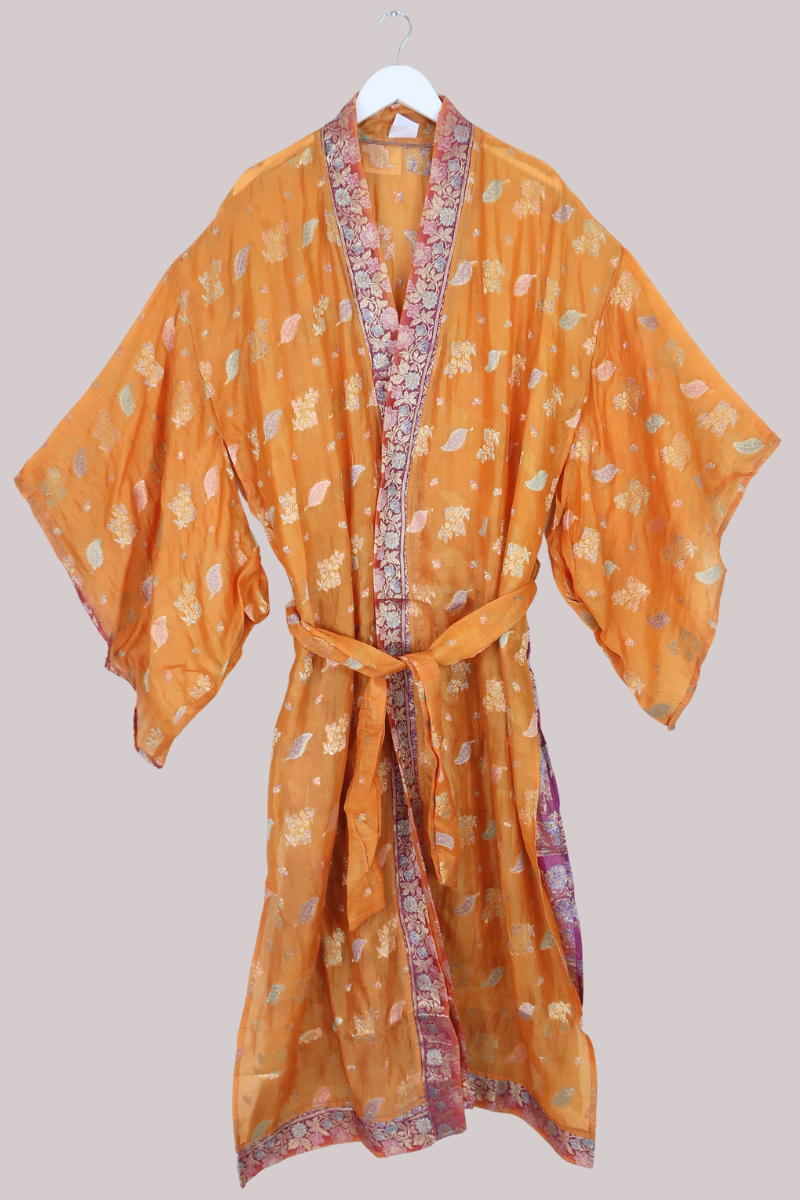 Lotus Embroidered Pure Silk Robe - Sunset Foliage Motif - Free Size