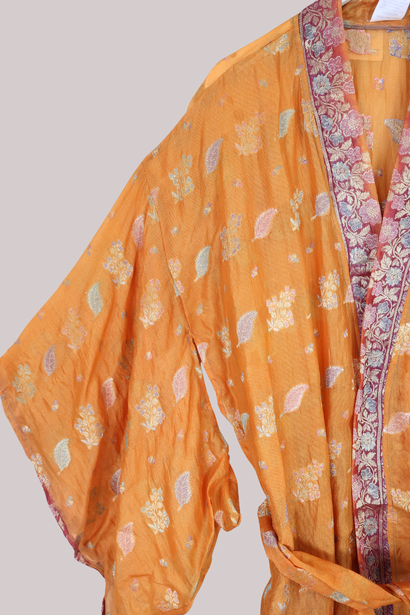 Lotus Embroidered Pure Silk Robe - Sunset Foliage Motif - Free Size