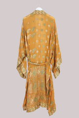 Lotus Embroidered Pure Silk Robe - Turmeric & Sage Paisley - Free Size