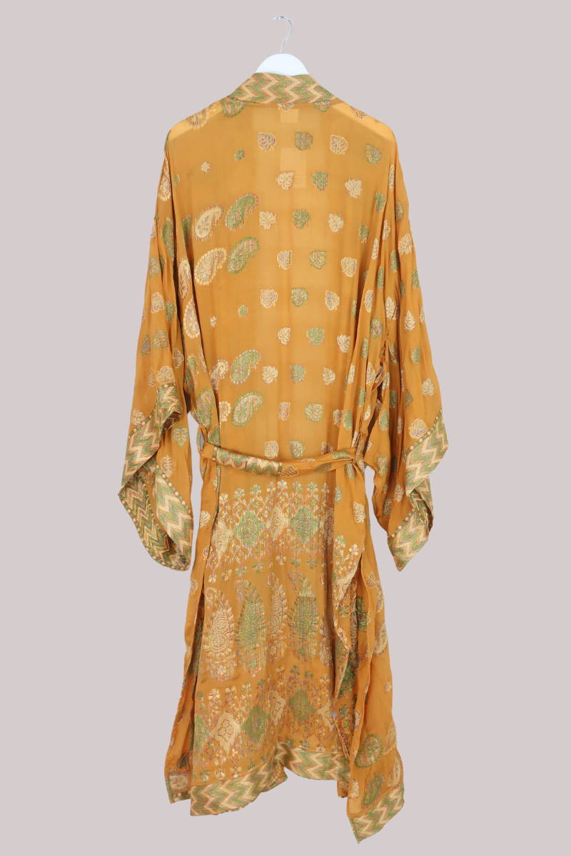 Lotus Embroidered Pure Silk Robe - Turmeric & Sage Paisley - Free Size