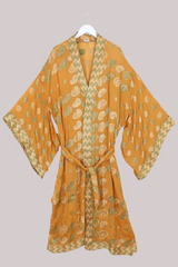 Lotus Embroidered Pure Silk Robe - Turmeric & Sage Paisley - Free Size