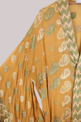 Lotus Embroidered Pure Silk Robe - Turmeric & Sage Paisley - Free Size