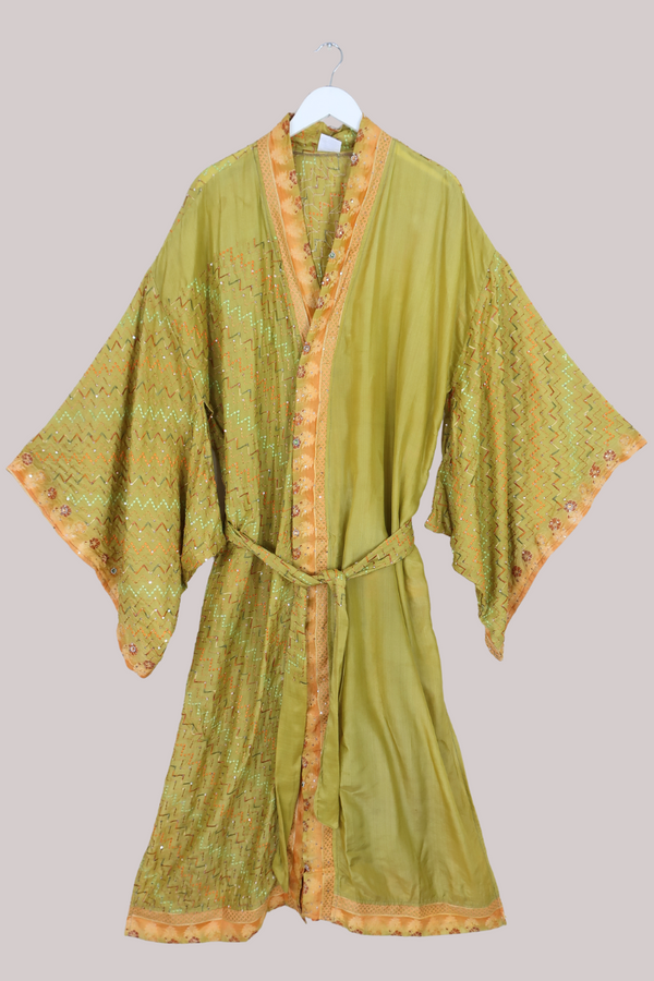 Lotus Embroidered Pure Silk Robe - Cardamom Green Abstract - Free Size