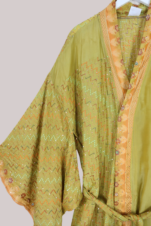 Lotus Embroidered Pure Silk Robe - Cardamom Green Abstract - Free Size