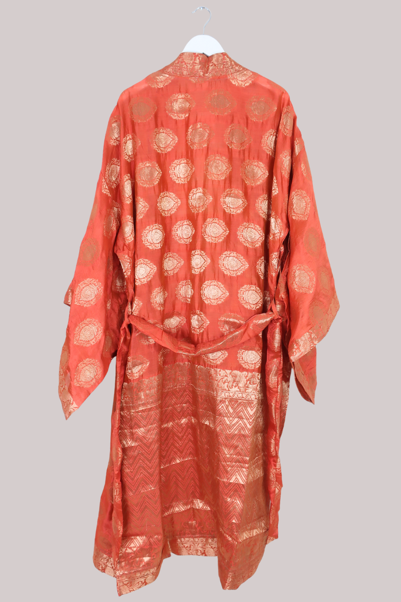 Lotus Embroidered Pure Silk Robe - Sunset Orange & Gold Motif - Free Size