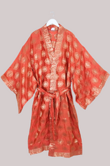Lotus Embroidered Pure Silk Robe - Sunset Orange & Gold Motif - Free Size