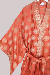 Lotus Embroidered Pure Silk Robe - Sunset Orange & Gold Motif - Free Size
