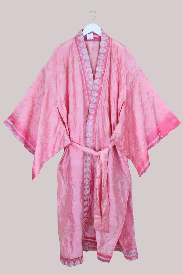 Lotus Embroidered Pure Silk Robe - Sakura Blossom Pink - Free Size