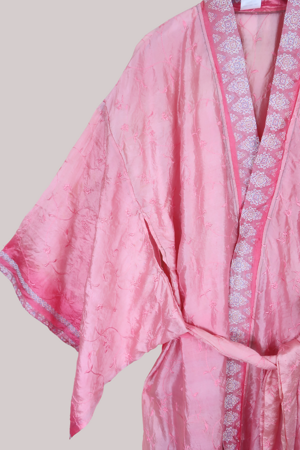 Lotus Embroidered Pure Silk Robe - Sakura Blossom Pink - Free Size