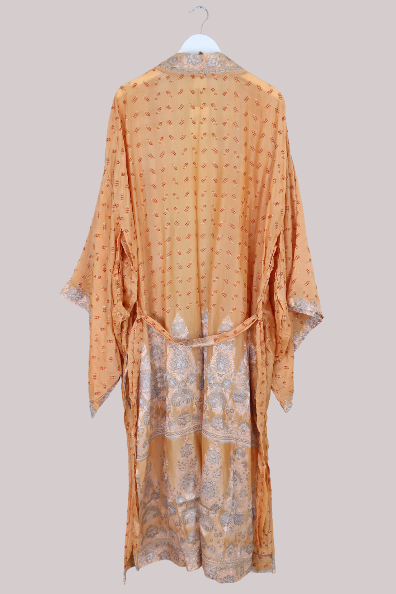 Lotus Embroidered Pure Silk Robe - Apricot Lavender Spritz - Free Size