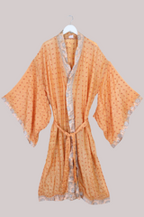Lotus Embroidered Pure Silk Robe - Apricot Lavender Spritz - Free Size