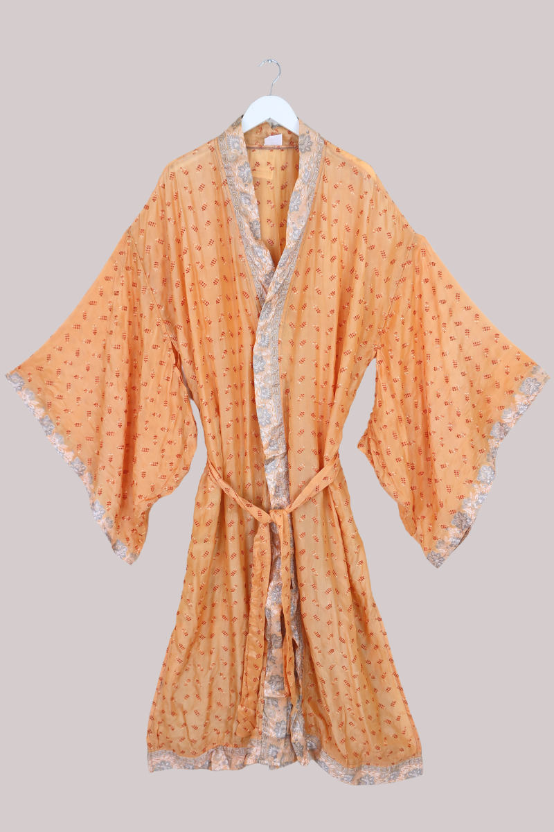Lotus Embroidered Pure Silk Robe - Apricot Lavender Spritz - Free Size