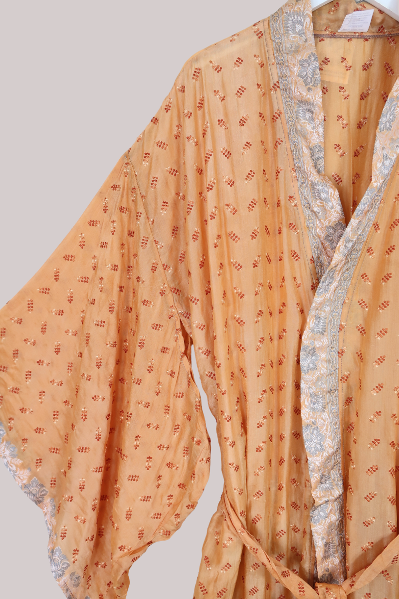 Lotus Embroidered Pure Silk Robe - Apricot Lavender Spritz - Free Size