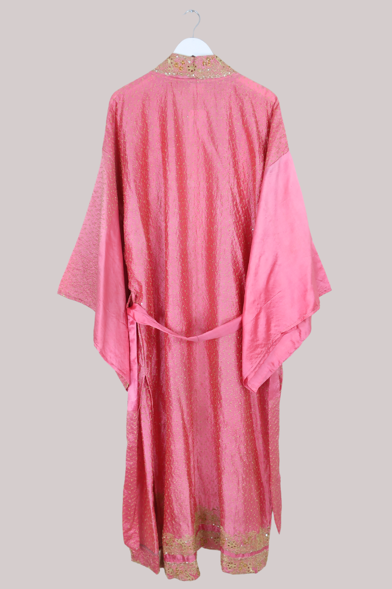 Lotus Embroidered Pure Silk Robe - Opulent Rose Gold - Free Size