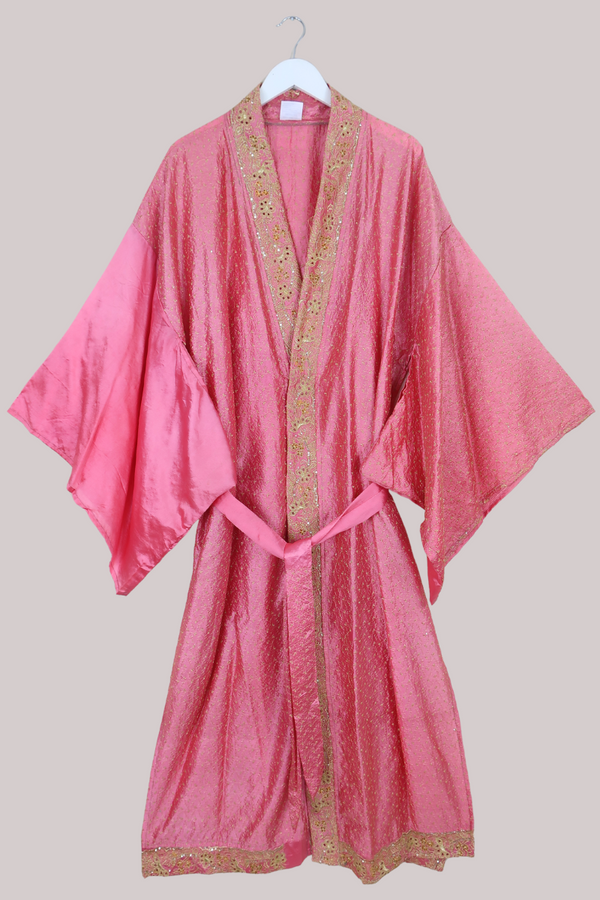 Lotus Embroidered Pure Silk Robe - Opulent Rose Gold - Free Size
