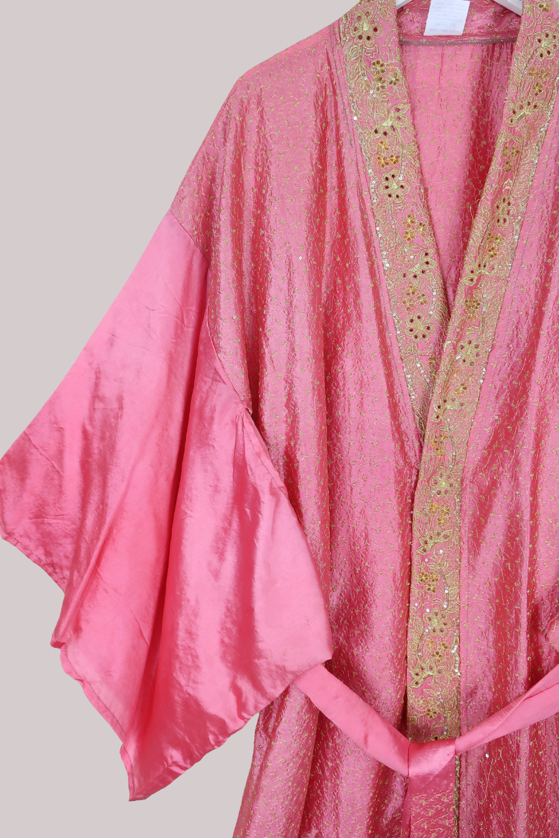 Lotus Embroidered Pure Silk Robe - Opulent Rose Gold - Free Size